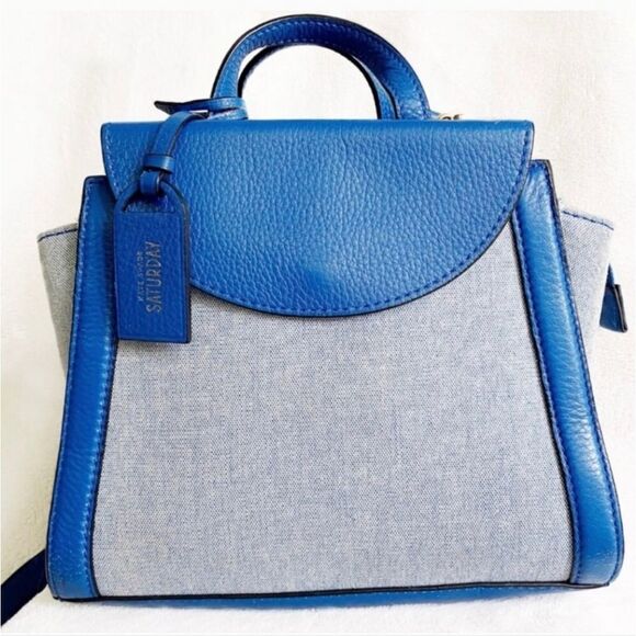 🔥Kate Spade Saturday Blue "The Large A" Leather/Canvas Satchel/Crossbody Purse - Picture 2 of 15